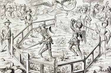 Dois cavaleiros lutam um duelo, de "A vida militar e religiosa na Idade Média" por Paul Lacroix, publicado em Londres c.1880